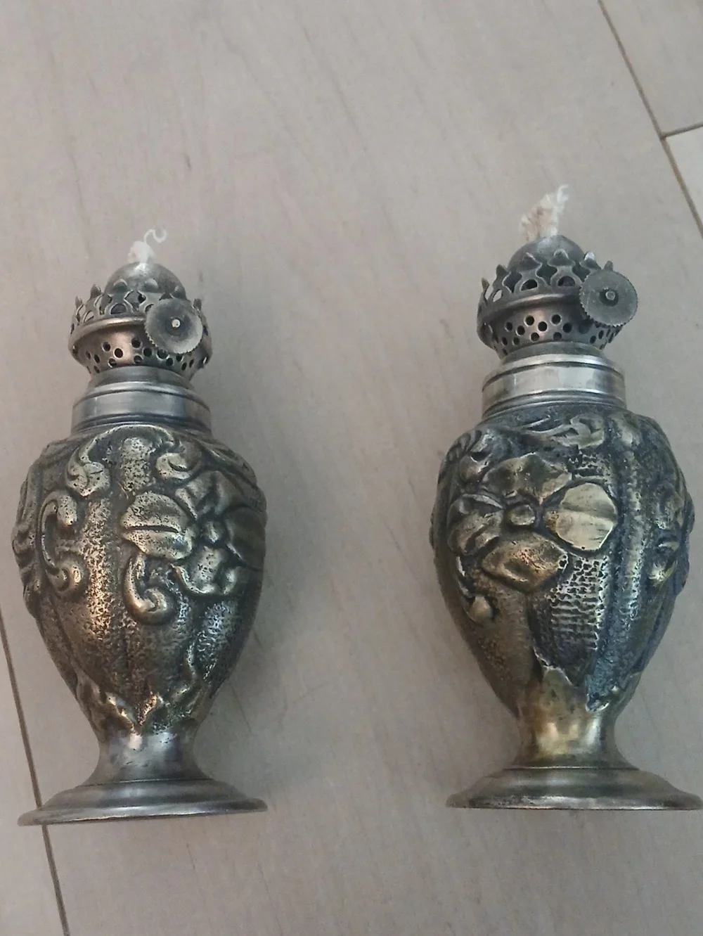 Restoration Hardware Antique-Style Silver Floral Table Oil Lamps - Pair